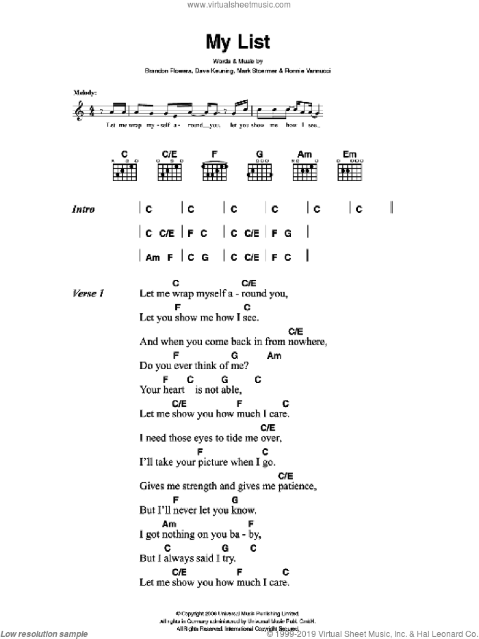 My List sheet music for guitar (chords) by The Killers, Brandon Flowers, Dave Keuning, Mark Stoermer and Ronnie Vannucci, intermediate skill level