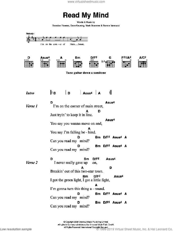 Read My Mind sheet music for guitar (chords) by The Killers, Brandon Flowers, Dave Keuning, Mark Stoermer and Ronnie Vannucci, intermediate skill level