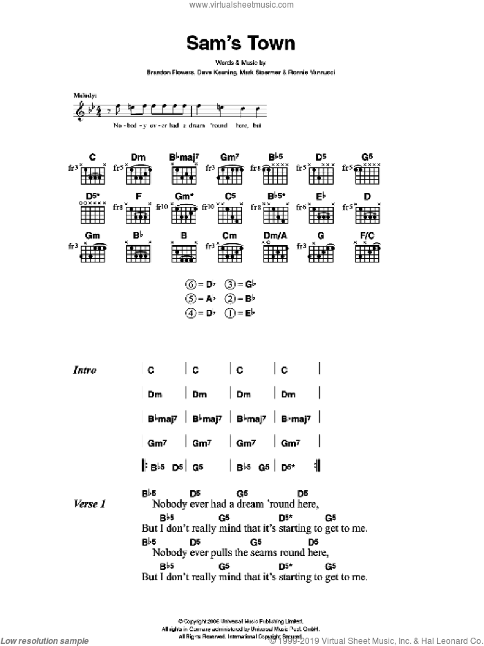 Sam's Town sheet music for guitar (chords) by The Killers, Brandon Flowers, Dave Keuning, Mark Stoermer and Ronnie Vannucci, intermediate skill level