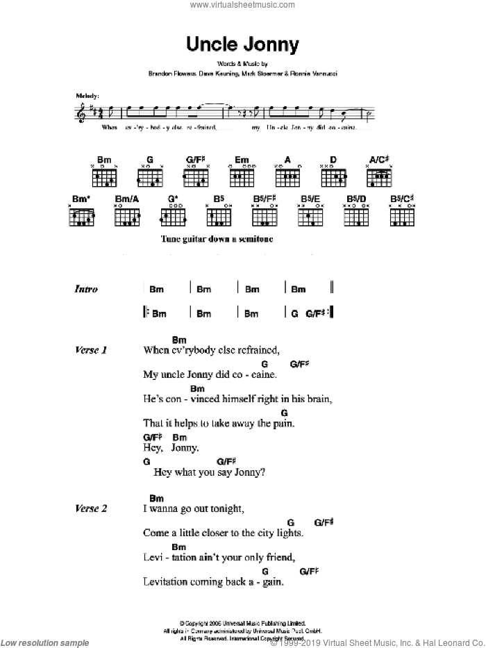 Uncle Jonny sheet music for guitar (chords) by The Killers, Brandon Flowers, Dave Keuning, Mark Stoermer and Ronnie Vannucci, intermediate skill level