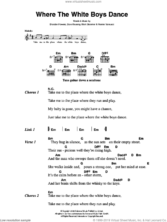 Where The White Boys Dance sheet music for guitar (chords) by The Killers, Brandon Flowers, Dave Keuning, Mark Stoermer and Ronnie Vannucci, intermediate skill level