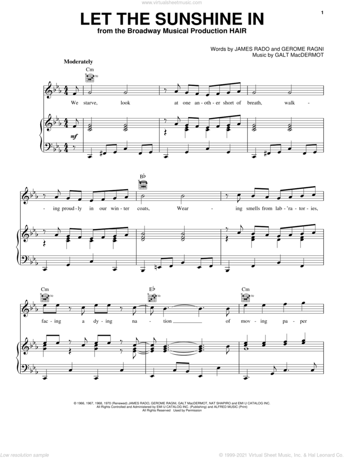 Let The Sunshine In sheet music for voice, piano or guitar by The Fifth Dimension, Hair (Musical), Galt MacDermot, Gerome Ragni and James Rado, intermediate skill level