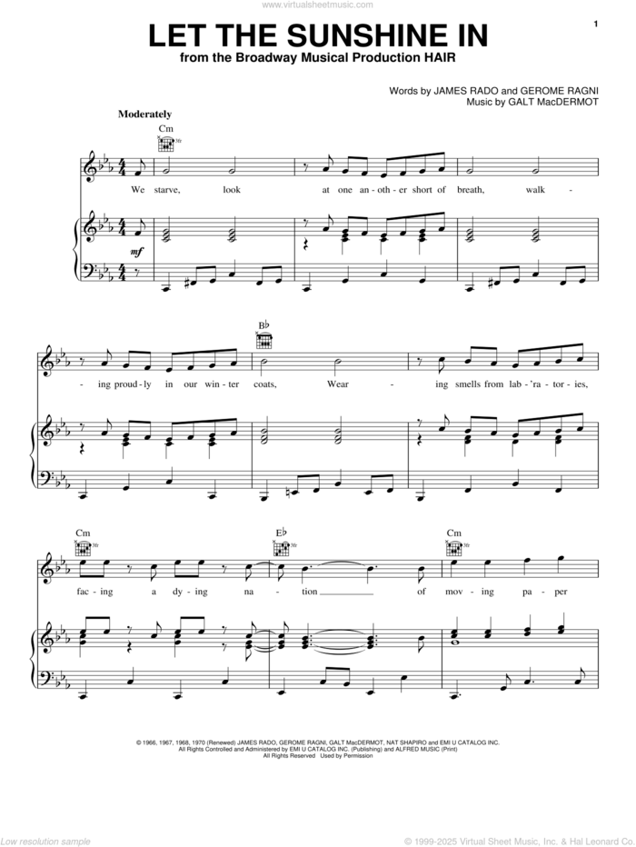 Let The Sunshine In sheet music for voice, piano or guitar by The Fifth Dimension, Hair (Musical), Galt MacDermot, Gerome Ragni and James Rado, intermediate skill level