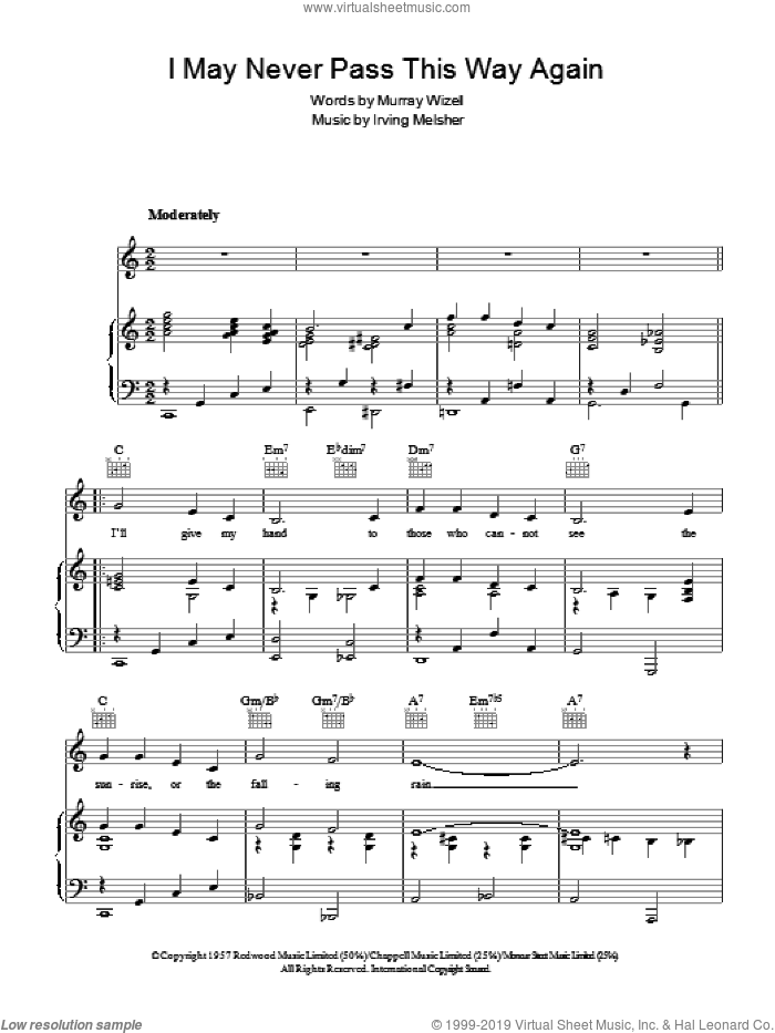 I May Never Pass This Way Again sheet music for voice, piano or guitar by Irving Melsher and Murray Wizell, intermediate skill level