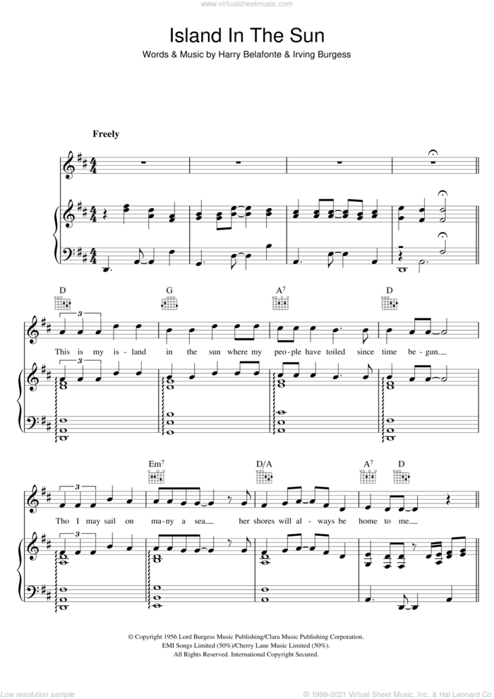Island In The Sun sheet music for voice, piano or guitar by Harry Belafonte and Irving Burgess, intermediate skill level