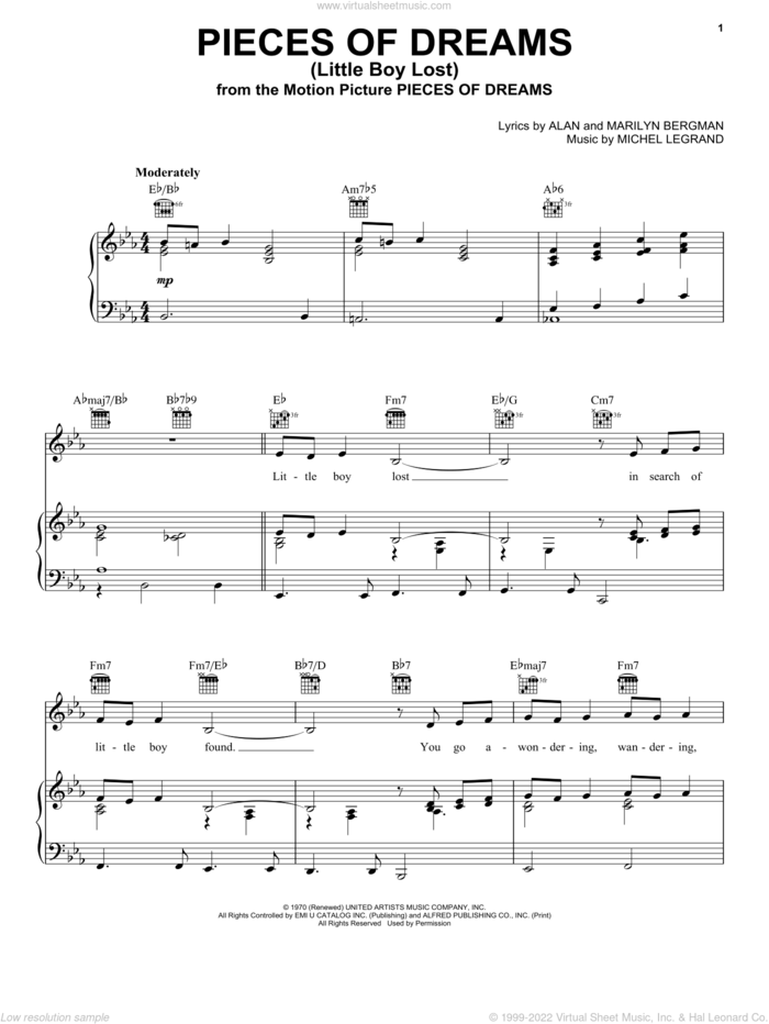 Pieces Of Dreams (Little Boy Lost) sheet music for voice, piano or guitar by Alan Bergman, Marilyn Bergman and Michel LeGrand, intermediate skill level