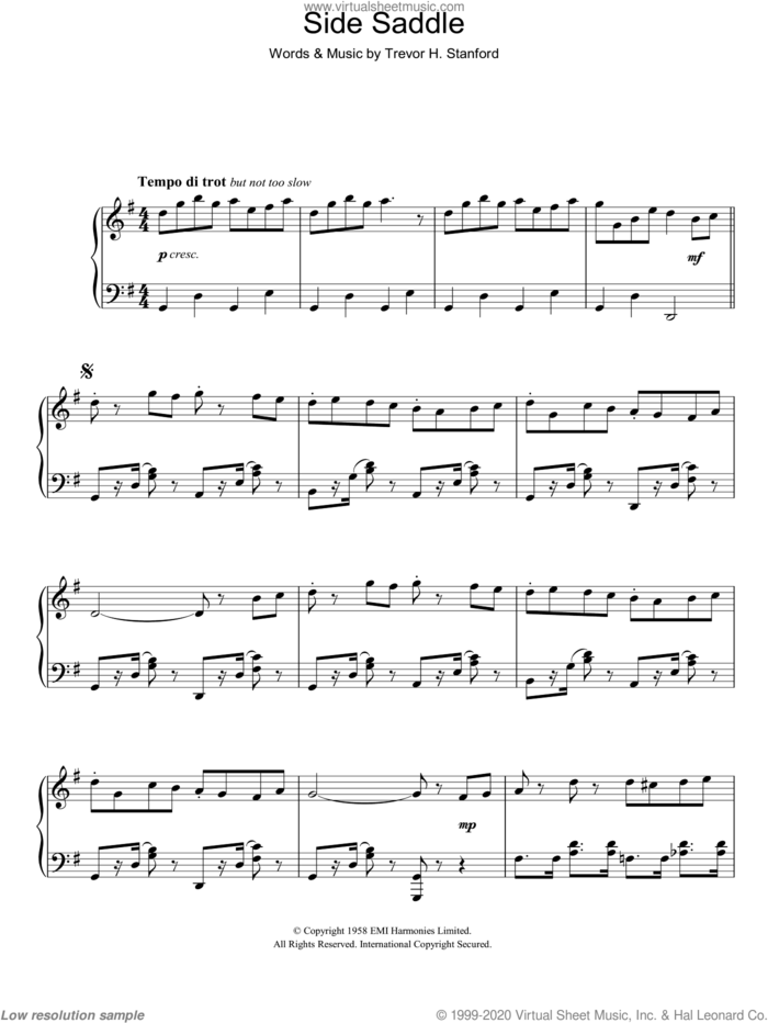 Side Saddle sheet music for voice, piano or guitar by Trevor H. Stanford, intermediate skill level