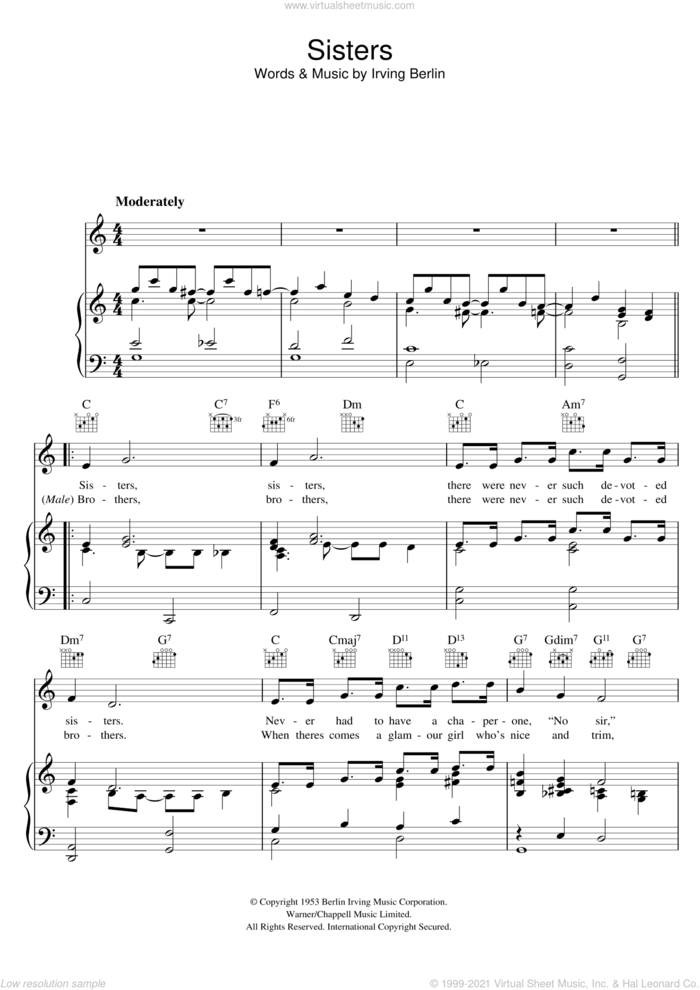 Sisters sheet music for voice, piano or guitar by Irving Berlin, intermediate skill level