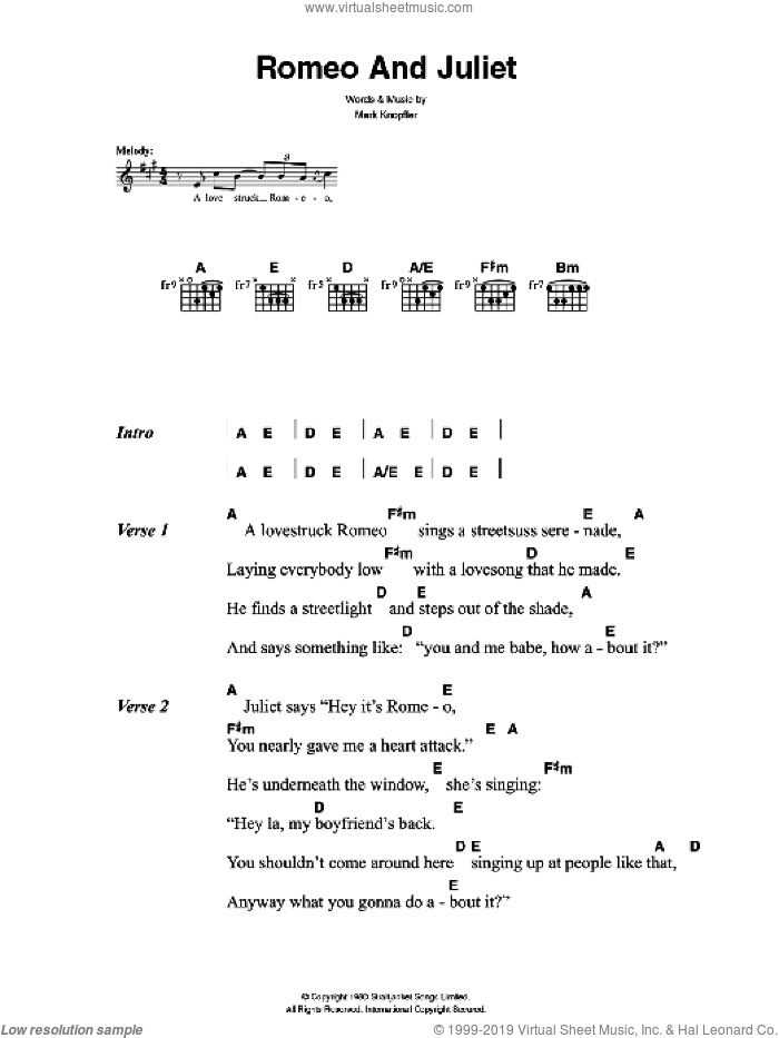 Romeo And Juliet sheet music for guitar (chords) by The Killers and Mark Knopfler, intermediate skill level