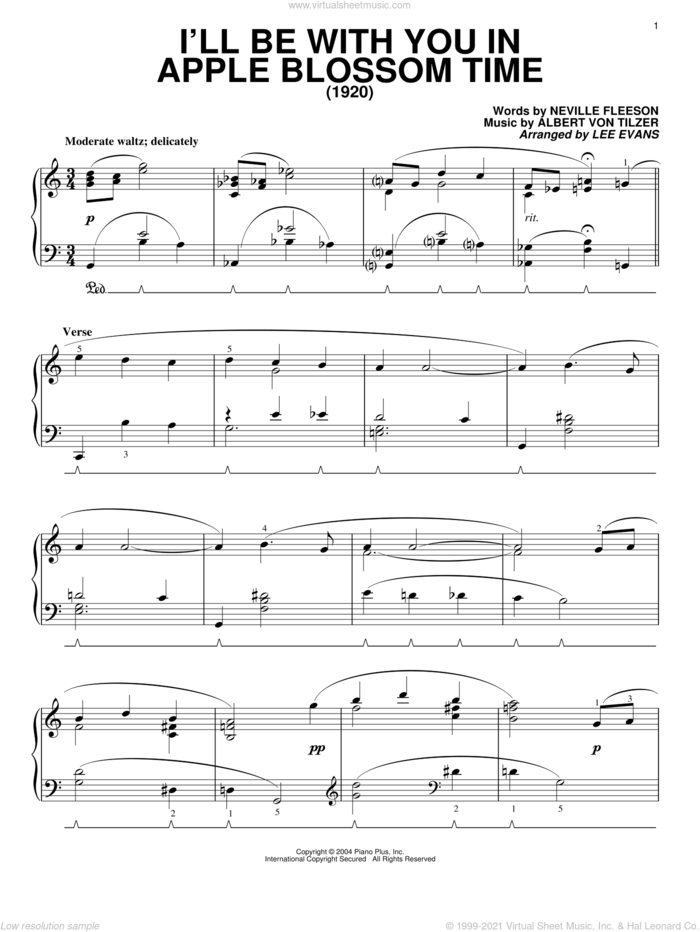 I'll Be With You In Apple Blossom Time sheet music for piano solo by The Andrews Sisters, Jo Stafford, Albert von Tilzer and Neville Fleeson, intermediate skill level