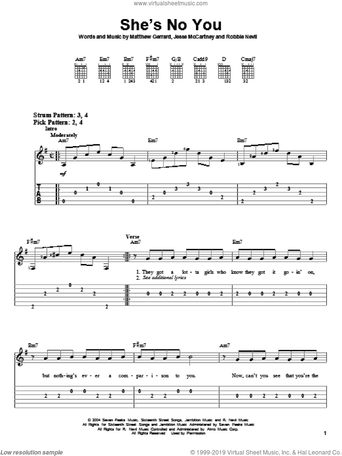 She's No You sheet music for guitar solo (easy tablature) by Jesse McCartney, Hannah Montana, Matthew Gerrard and Robbie Nevil, easy guitar (easy tablature)