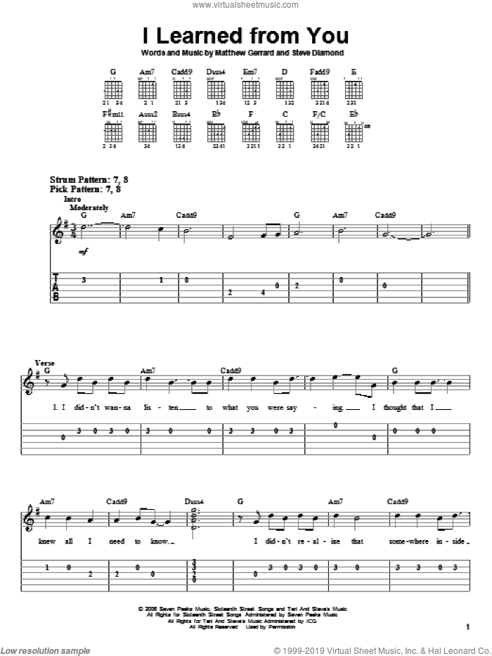 I Learned From You sheet music for guitar solo (easy tablature) by Miley Cyrus, Hannah Montana, Matthew Gerrard and Steve Diamond, easy guitar (easy tablature)