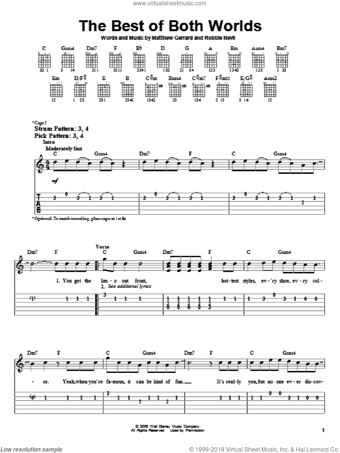 The Best Of Both Worlds sheet music for guitar solo (easy tablature) by Hannah Montana, Hannah Montana (Movie), Miley Cyrus, Matthew Gerrard and Robbie Nevil, easy guitar (easy tablature)