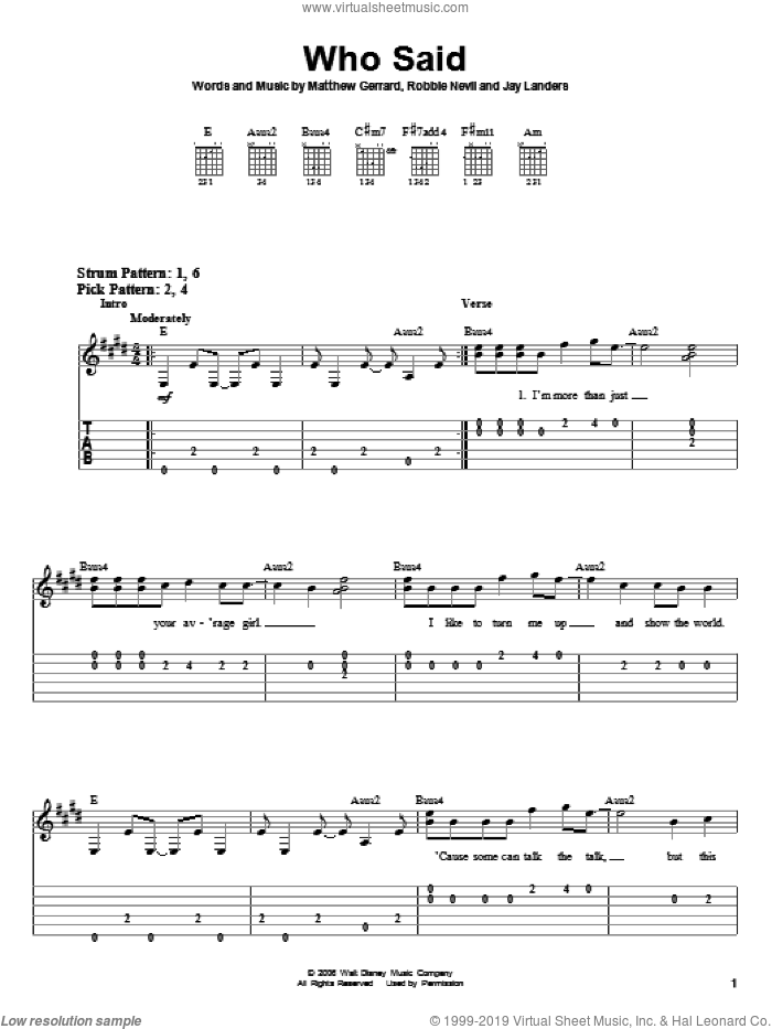 Who Said sheet music for guitar solo (easy tablature) by Hannah Montana, Miley Cyrus, Jay Landers, Matthew Gerrard and Robbie Nevil, easy guitar (easy tablature)