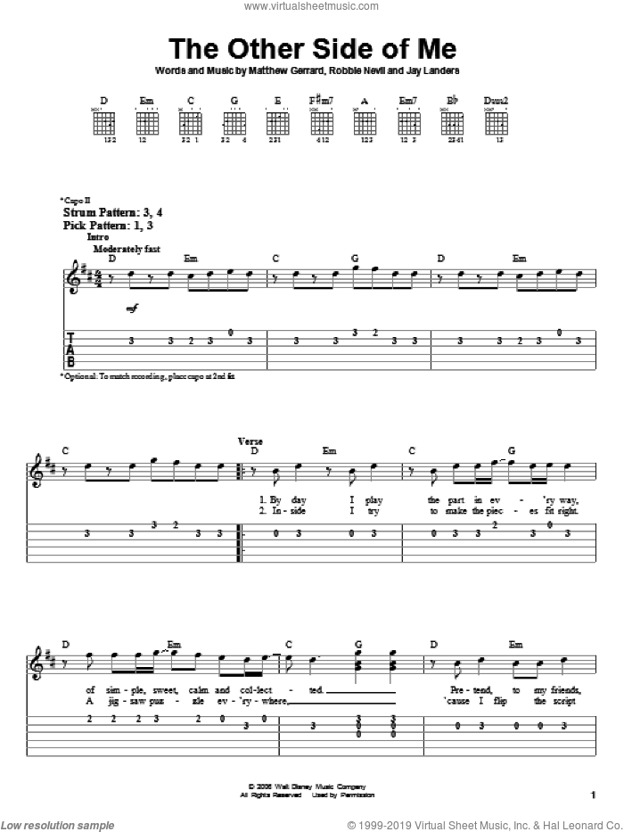 The Other Side Of Me sheet music for guitar solo (easy tablature) by Hannah Montana, Miley Cyrus, Jay Landers, Matthew Gerrard and Robbie Nevil, easy guitar (easy tablature)