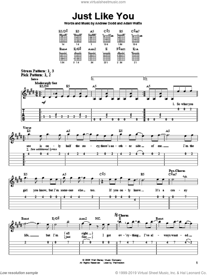 Just Like You sheet music for guitar solo (easy tablature) by Hannah Montana, Miley Cyrus, Adam Watts and Andrew Dodd, easy guitar (easy tablature)