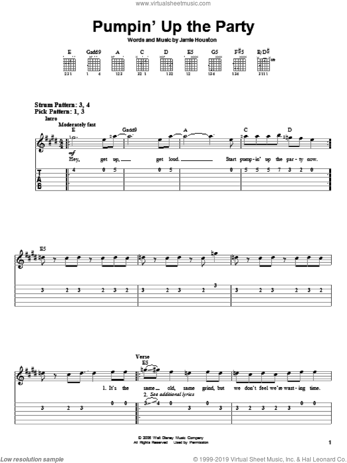 Pumpin' Up The Party sheet music for guitar solo (easy tablature) by Hannah Montana, Miley Cyrus and Jamie Houston, easy guitar (easy tablature)