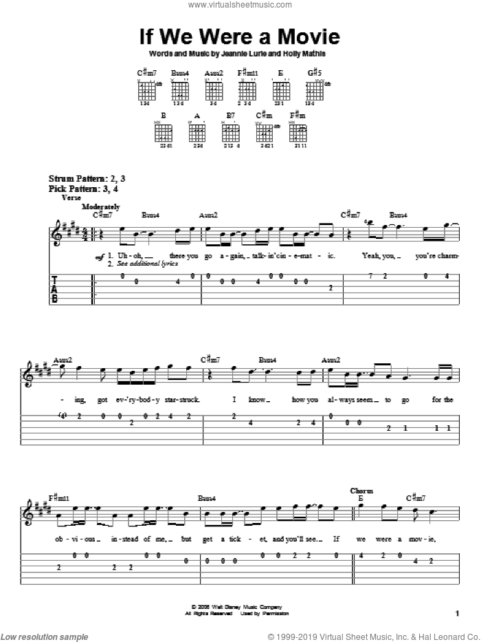 If We Were A Movie sheet music for guitar solo (easy tablature) by Hannah Montana, Miley Cyrus, Holly Mathis and Jeannie Lurie, easy guitar (easy tablature)