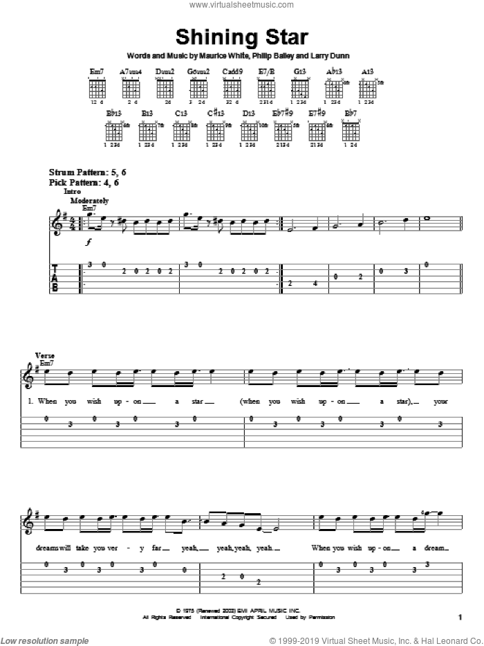 Shining Star sheet music for guitar solo (easy tablature) by B Five, Earth, Wind & Fire, Hannah Montana, Yolanda Adams, Larry Dunn, Maurice White and Philip Bailey, easy guitar (easy tablature)