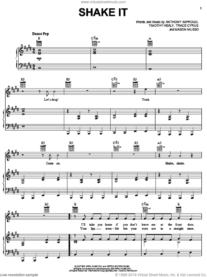 Shake It sheet music for voice, piano or guitar by Metro Station, Anthony Improgo, Mason Musso, Timothy Healy and Trace Cyrus, intermediate skill level