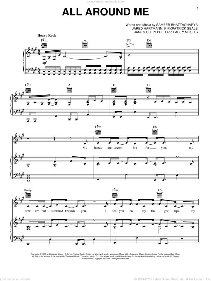 All Around Me sheet music for voice, piano or guitar by Flyleaf, James Culpepper, Jared Hartmann, Kirkpatrick Seals, Lacey Mosley and Sameer Bhattacharya, intermediate skill level
