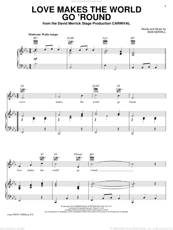 Love Makes The World Go 'round sheet music for voice, piano or guitar by Bob Merrill, intermediate skill level