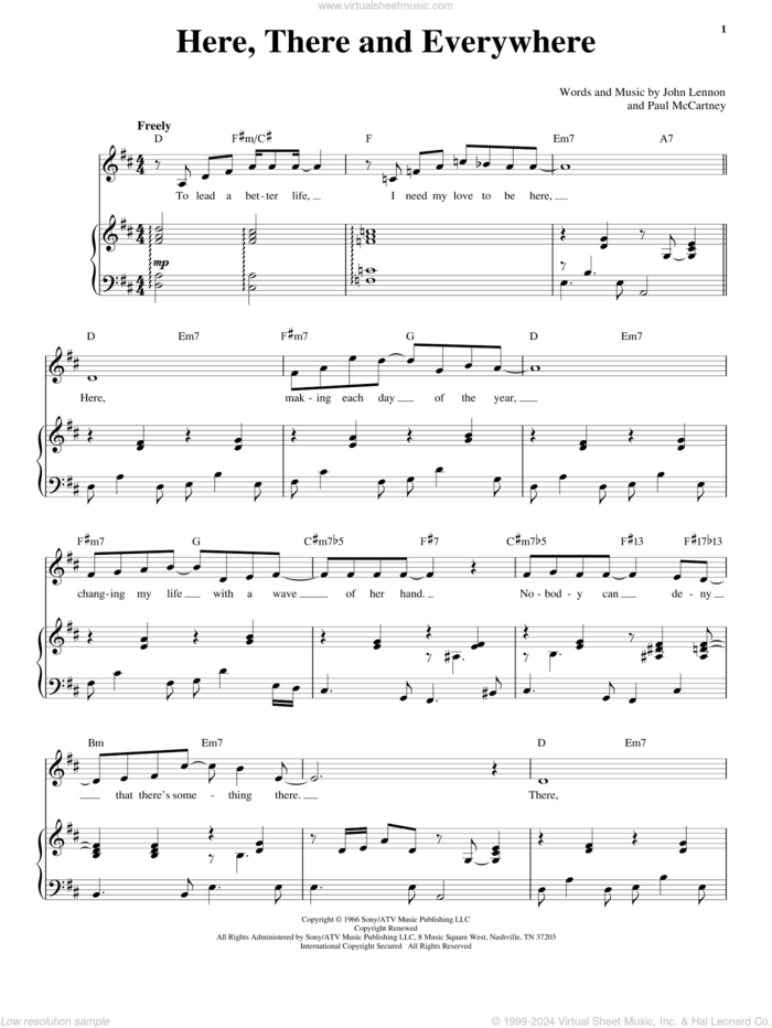Here, There And Everywhere sheet music for voice and piano by The Beatles, John Lennon and Paul McCartney, wedding score, intermediate skill level
