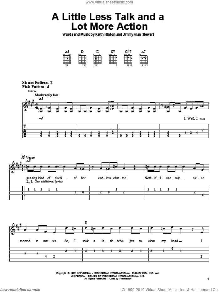 A Little Less Talk And A Lot More Action sheet music for guitar solo (easy tablature) by Toby Keith, Jimmy Alan Stewart and Keith Hinton, easy guitar (easy tablature)