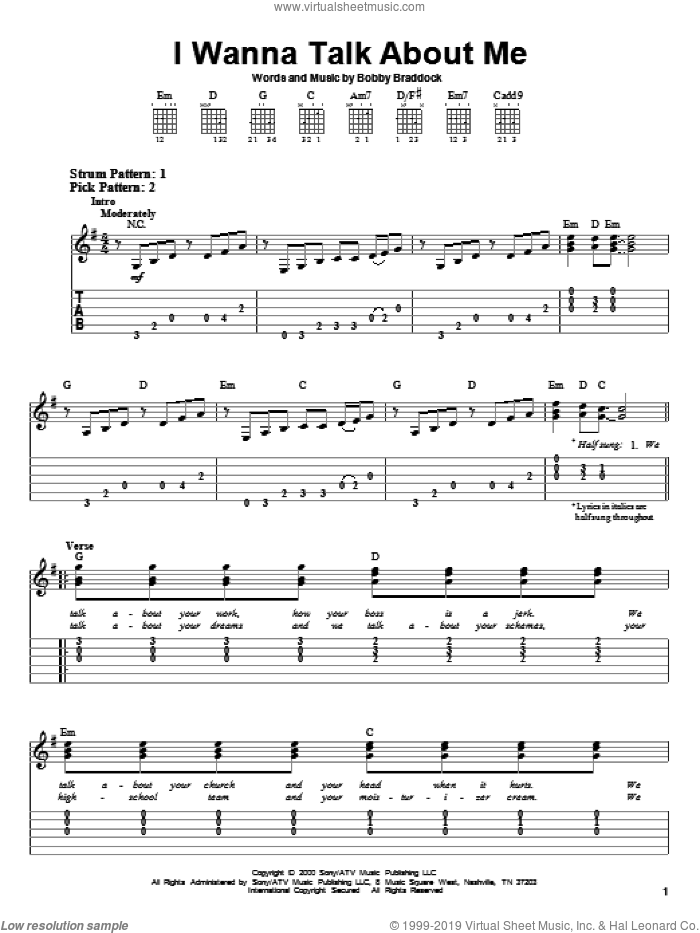 I Wanna Talk About Me sheet music for guitar solo (easy tablature) by Toby Keith and Bobby Braddock, easy guitar (easy tablature)
