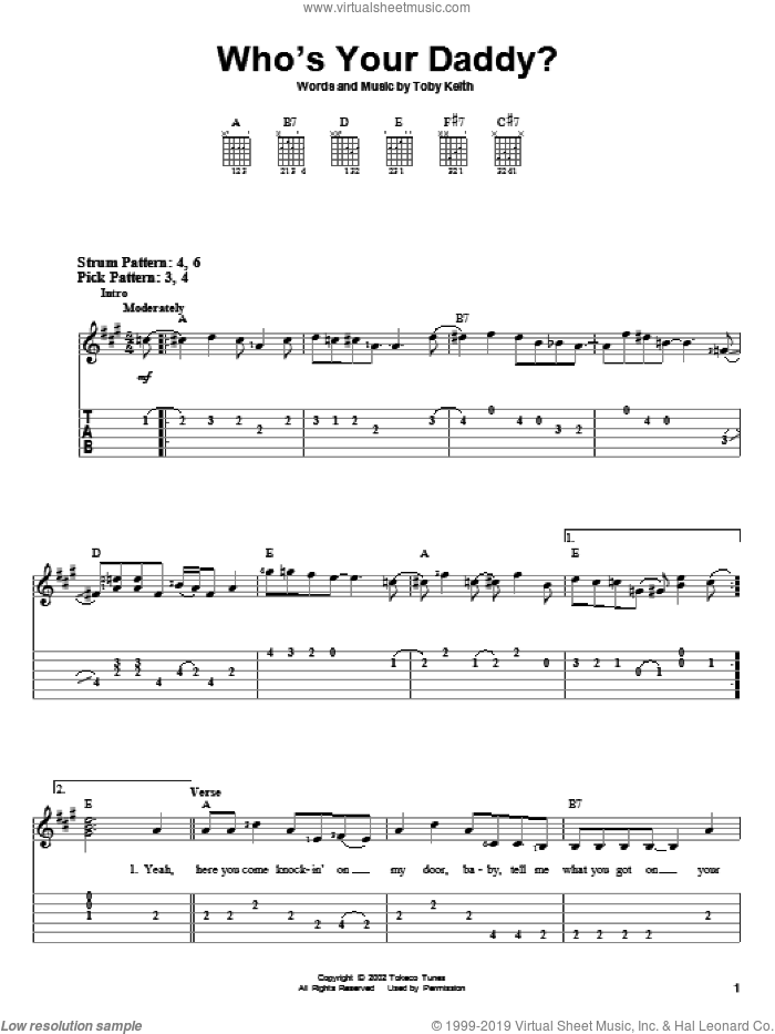 Who's Your Daddy? sheet music for guitar solo (easy tablature) by Toby Keith, easy guitar (easy tablature)