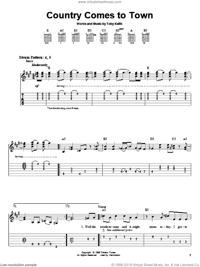 Country Comes To Town sheet music for guitar solo (easy tablature) by Toby Keith, easy guitar (easy tablature)