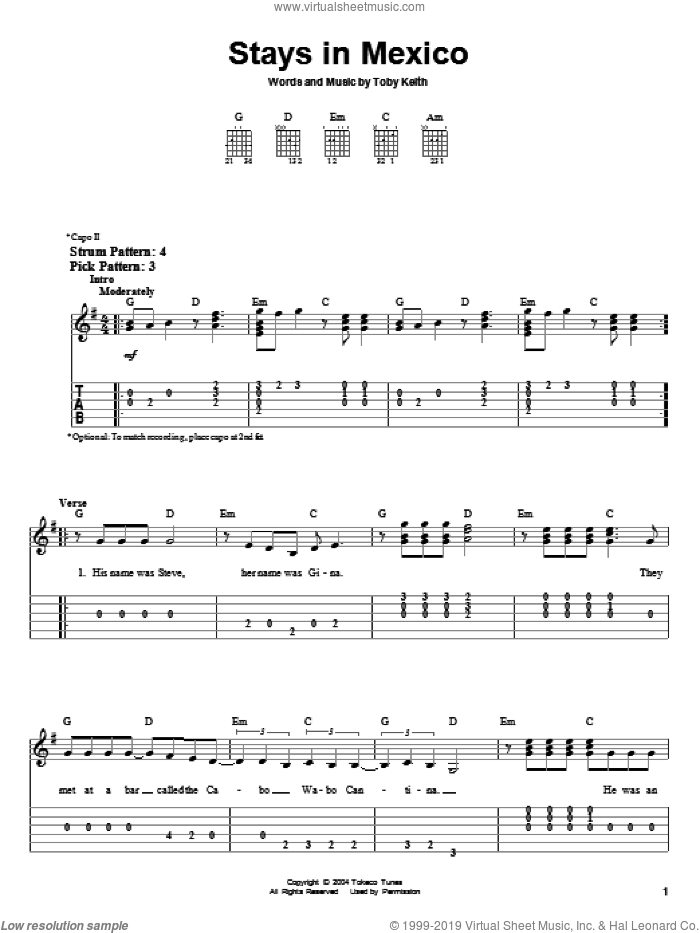 Stays In Mexico sheet music for guitar solo (easy tablature) by Toby Keith, easy guitar (easy tablature)