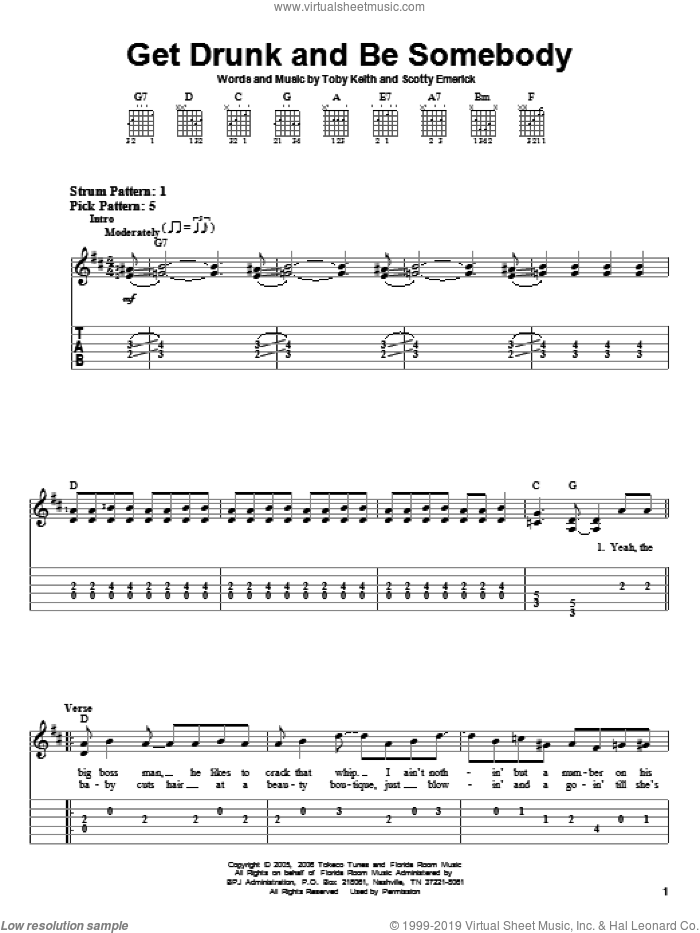 Get Drunk And Be Somebody sheet music for guitar solo (easy tablature) by Toby Keith and Scotty Emerick, easy guitar (easy tablature)