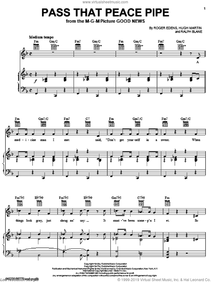 Pass That Peace Pipe sheet music for voice, piano or guitar by Roger Edens, Hugh Martin and Ralph Blane, intermediate skill level