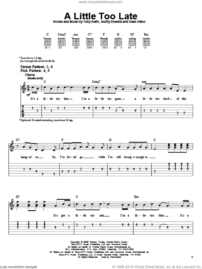A Little Too Late sheet music for guitar solo (easy tablature) by Toby Keith, Dean Dillon and Scotty Emerick, easy guitar (easy tablature)