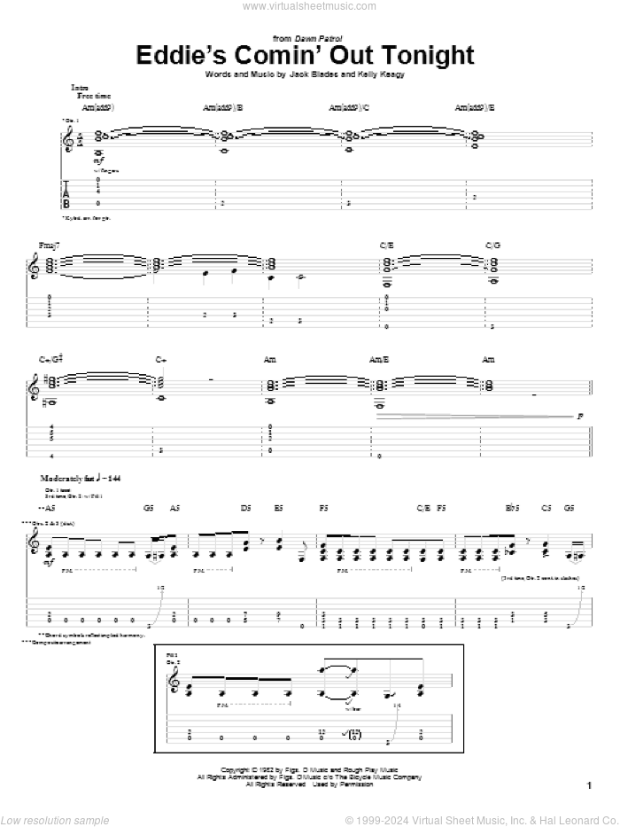 Eddie's Comin' Out Tonight sheet music for guitar (tablature) by Night Ranger, Jack Blades and Kelly Keagy, intermediate skill level