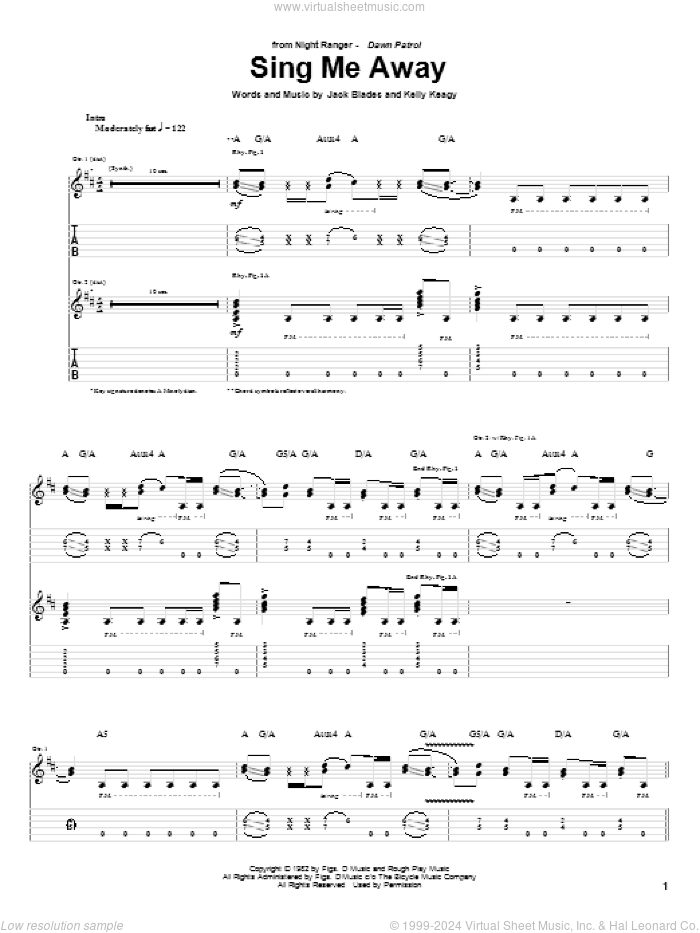 Sing Me Away sheet music for guitar (tablature) by Night Ranger, Jack Blades and Kelly Keagy, intermediate skill level