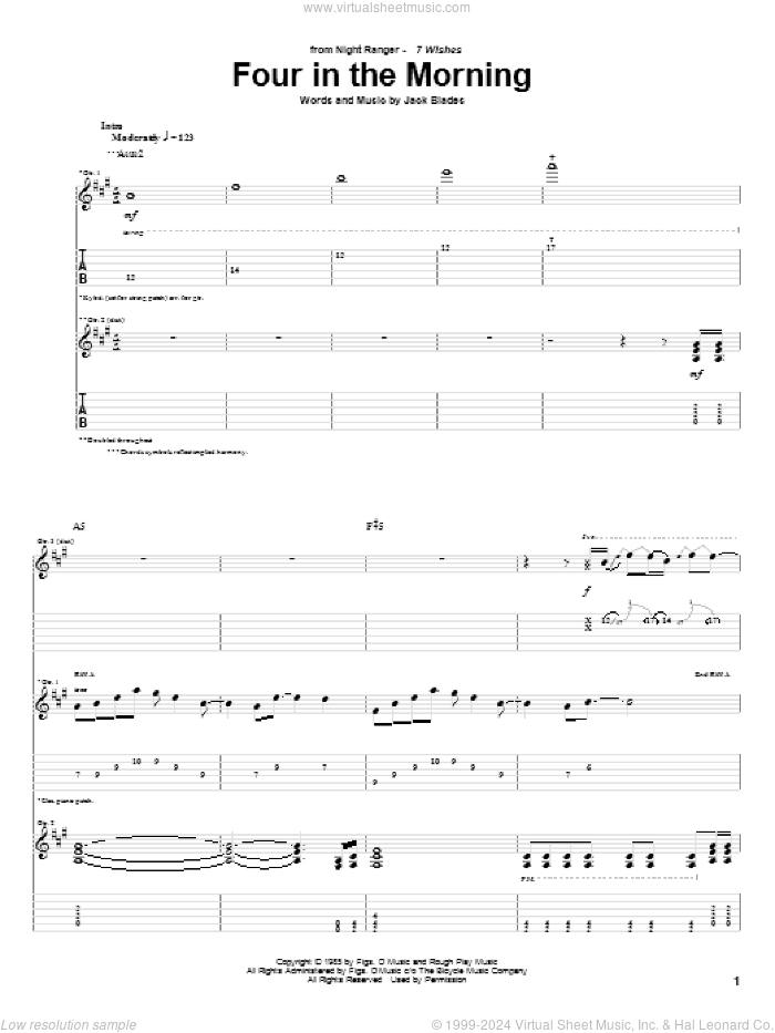 Four In The Morning sheet music for guitar (tablature) by Night Ranger and Jack Blades, intermediate skill level