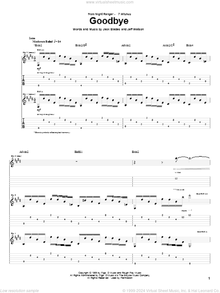 Goodbye sheet music for guitar (tablature) by Night Ranger, Jack Blades and Jeff Watson, intermediate skill level