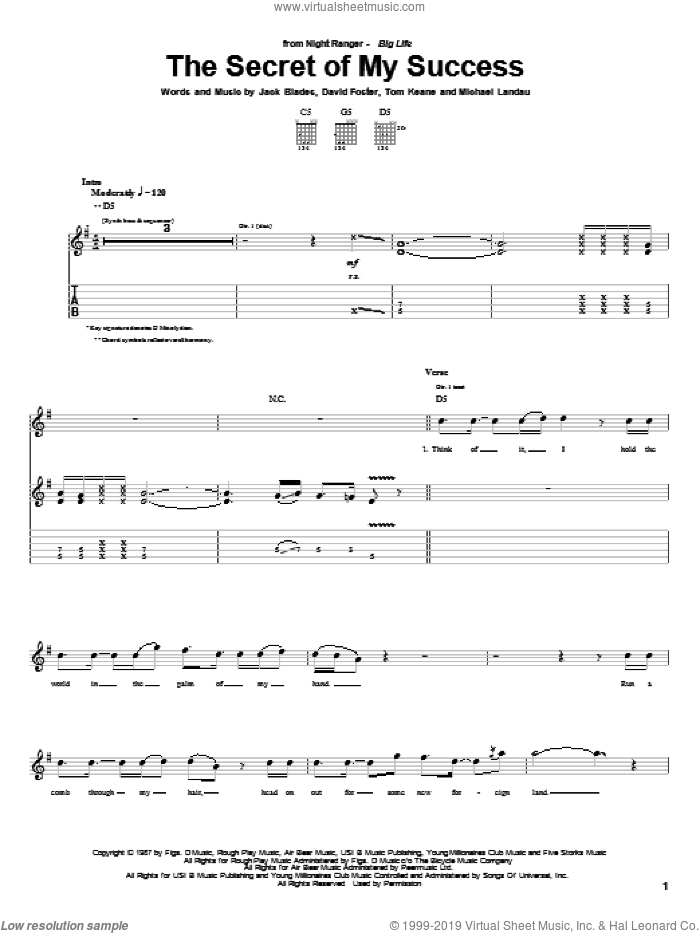 The Secret Of My Success sheet music for guitar (tablature) by Night Ranger, David Foster, Jack Blades, Michael Landau and Tom Keane, intermediate skill level