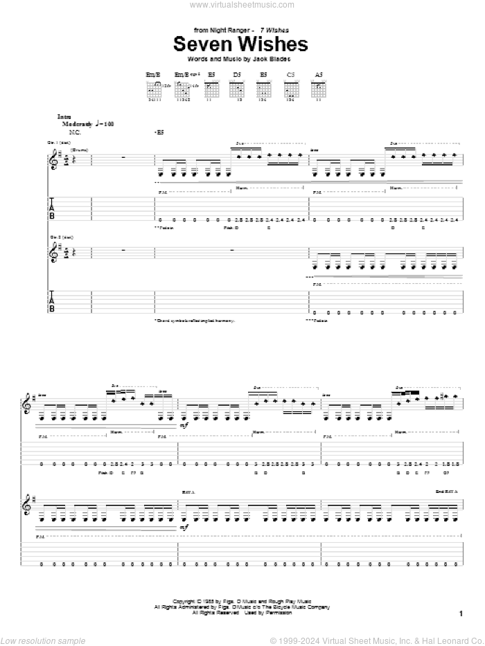 Seven Wishes sheet music for guitar (tablature) by Night Ranger and Jack Blades, intermediate skill level