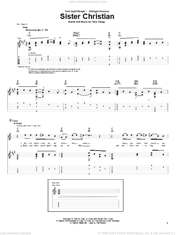 Sister Christian sheet music for guitar (tablature) by Night Ranger and Kelly Keagy, intermediate skill level