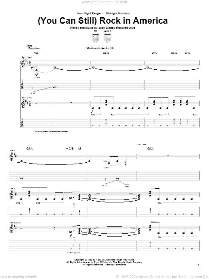 (You Can Still) Rock In America sheet music for guitar (tablature) by Night Ranger, Brad Gillis and Jack Blades, intermediate skill level