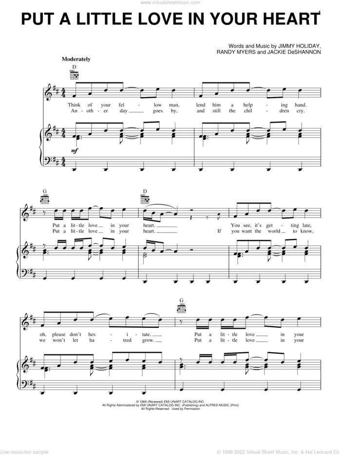 Put A Little Love In Your Heart sheet music for voice, piano or guitar by Jackie DeShannon, Jacki De Shannon, Jimmy Holiday and Randy Myers, intermediate skill level