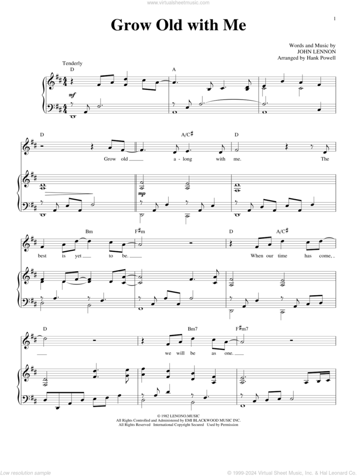 Grow Old With Me sheet music for voice and piano by John Lennon and Mary Chapin Carpenter, wedding score, intermediate skill level