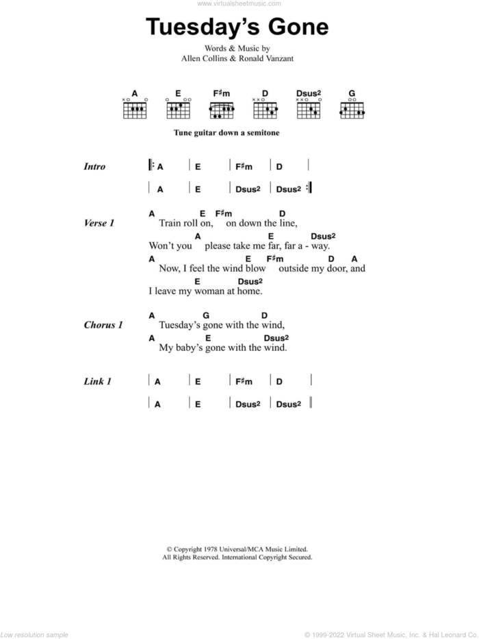 Tuesday's Gone sheet music for guitar (chords) by Metallica, Allen Collins and Ronald Vanzant, intermediate skill level