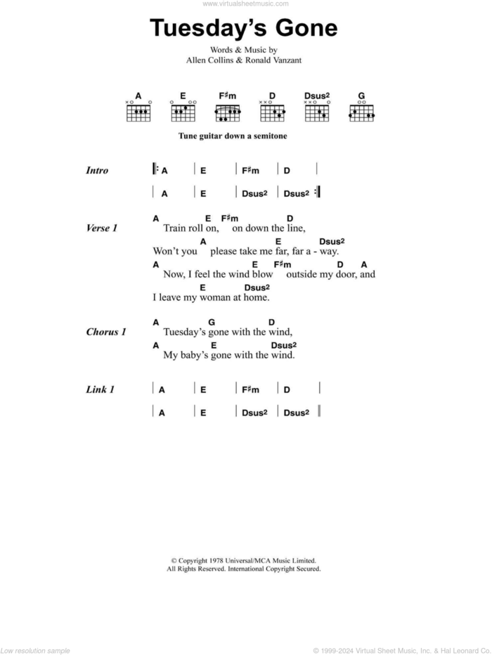 Tuesday's Gone sheet music for guitar (chords) by Metallica, Allen Collins and Ronald Vanzant, intermediate skill level