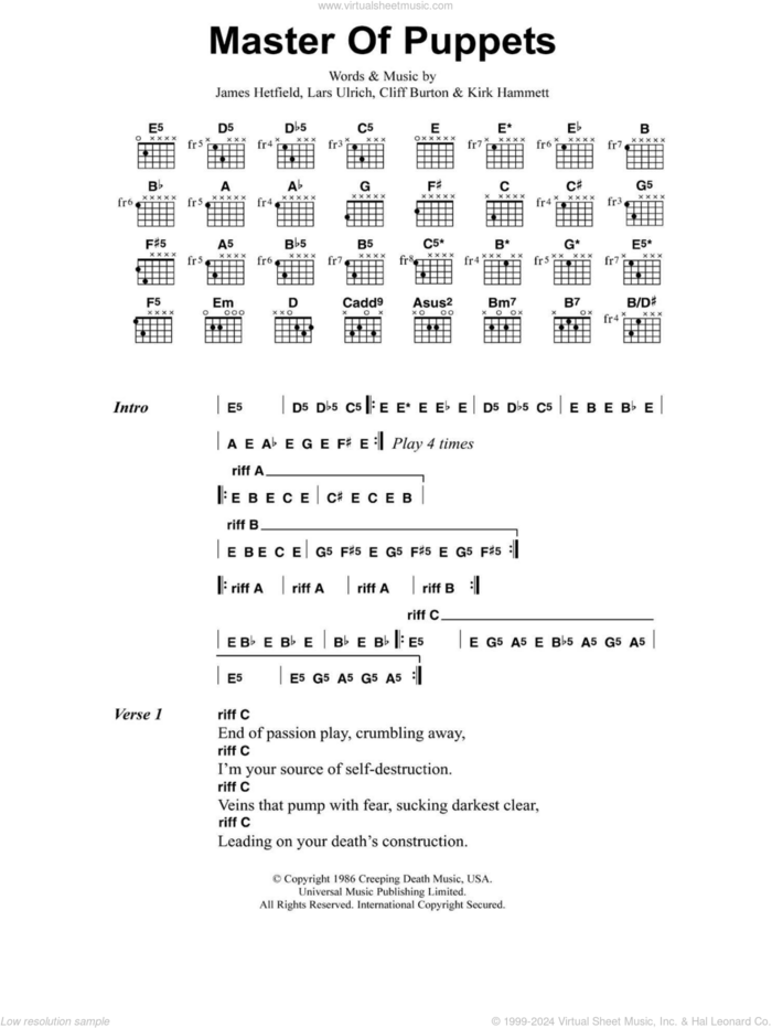 Master Of Puppets sheet music for guitar (chords) by Metallica, Cliff Burton, James Hetfield, Kirk Hammett and Lars Ulrich, intermediate skill level