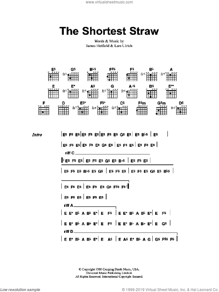 The Shortest Straw sheet music for guitar (chords) by Metallica, James Hetfield and Lars Ulrich, intermediate skill level