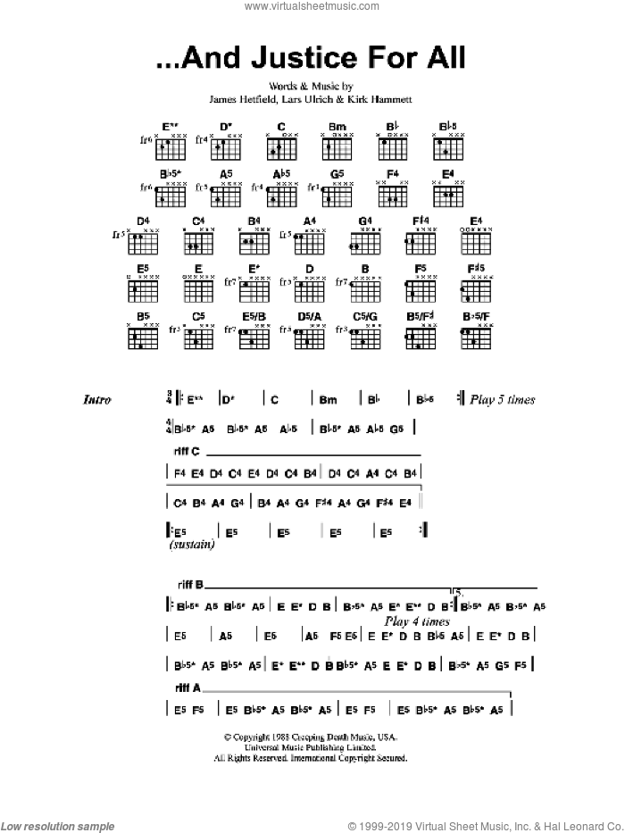...And Justice For All sheet music for guitar (chords) by Metallica, James Hetfield, Kirk Hammett and Lars Ulrich, intermediate skill level